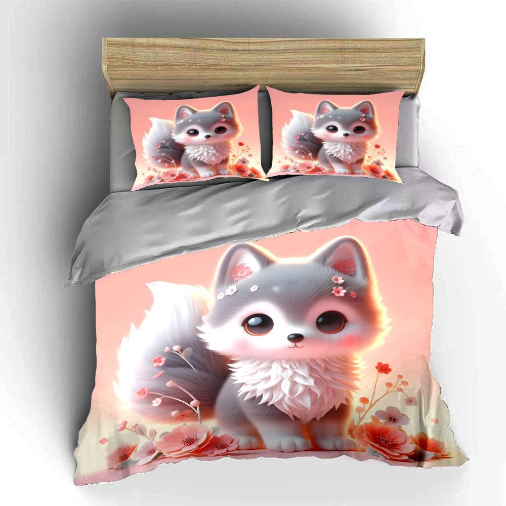 Adorable Fox-Themed Pink Floral Set Exquisite Three-Piece Bedding Set Gift For Kids And Adults