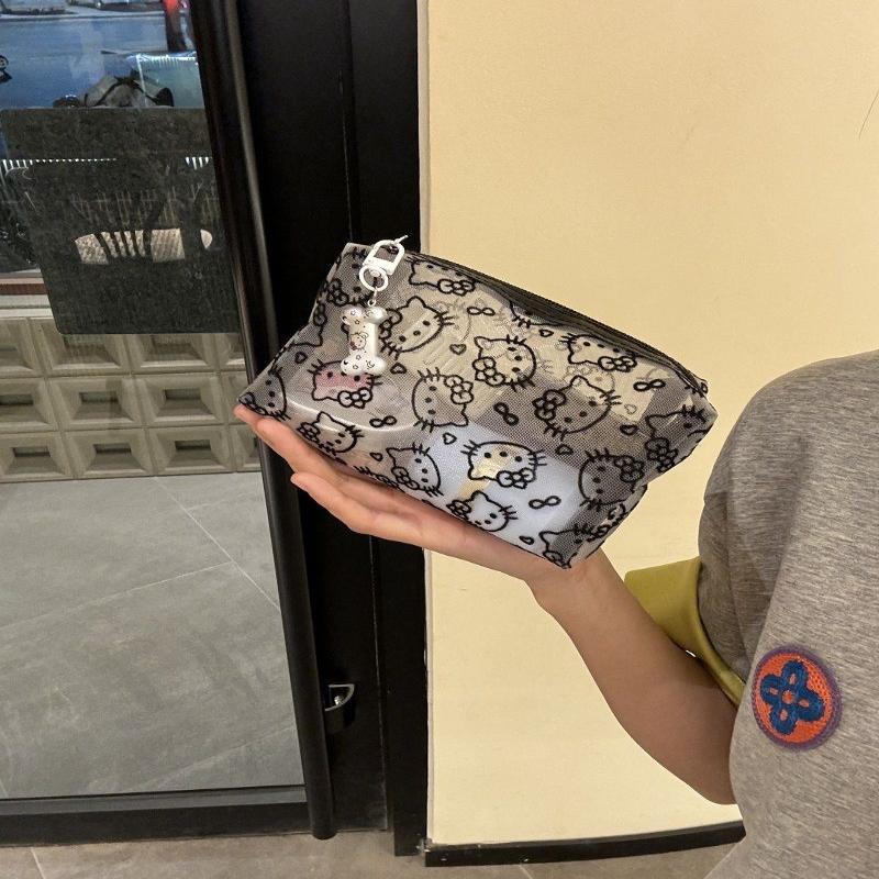 Black Mesh Hello Kitty Makeup Bag Portable Cosmetic Pouch Durable Organizer For Travel