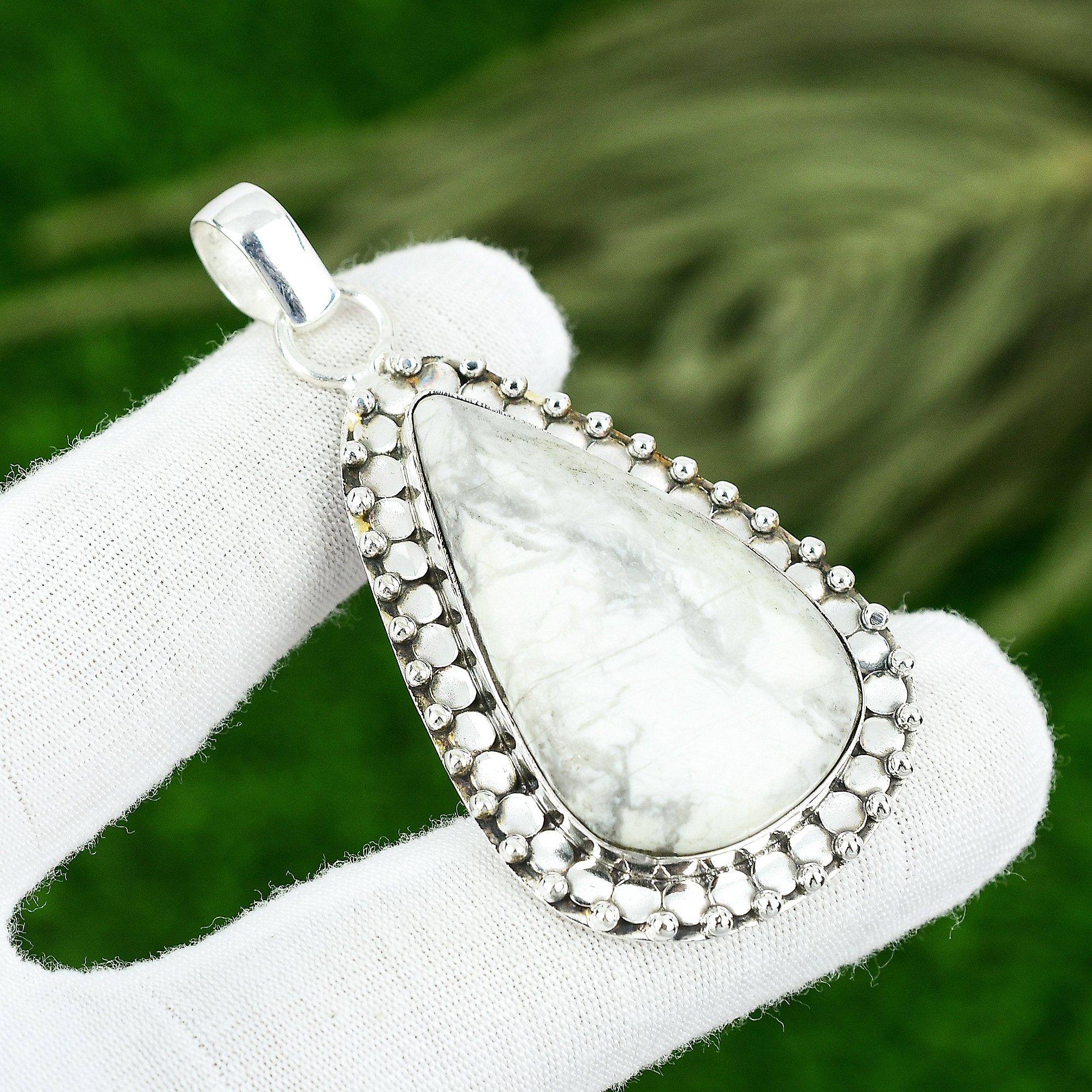 

925 Sterling Silver Pear Natural Howlite Bezel Birthday Mother Pendant Jewelry