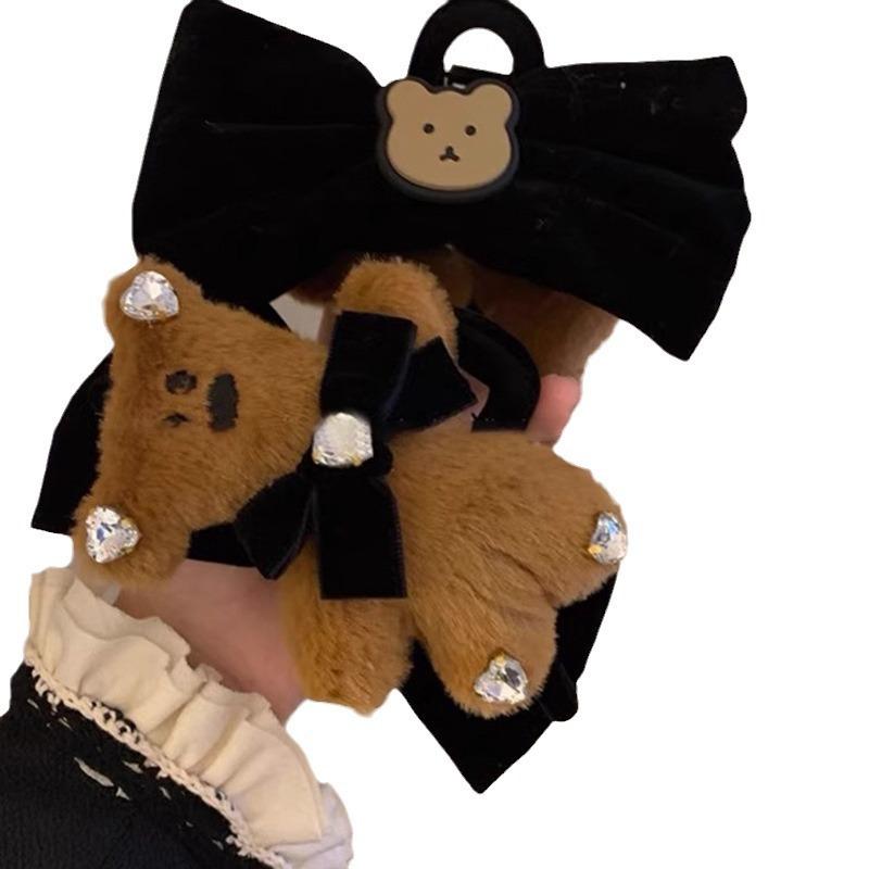 1pc Autumn and winter plush teddy bear bow clip double-sided black hair clip velvet disc hair shark clip hair accessory