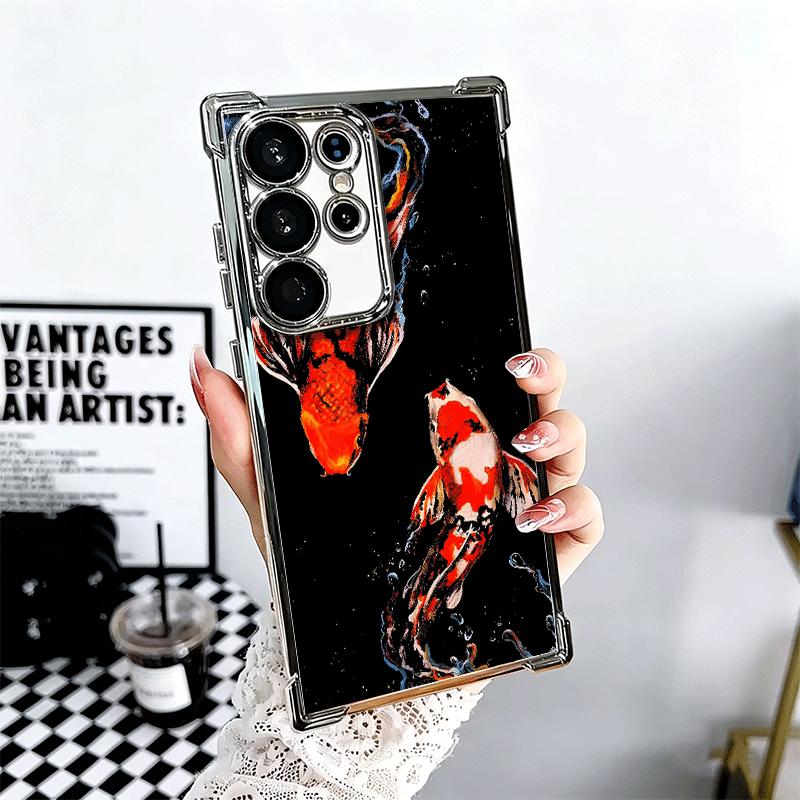 

Golden Carp Lucky Koi Plating Phone Case For Samsung Galaxy S24 S25 FE S26 Edge S23 Ultra S22 S21 Plus S20 Anti-Fall Airabag Cov Samsung S25 Plus