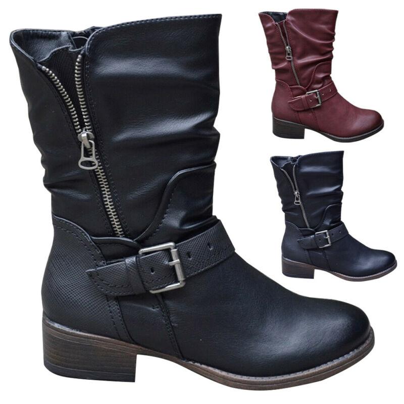Buy Womens PU Leather Mid Calf Zip Up Low Heel Boots Casual Flat Buckle