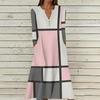 Women's Summer Casual V-Neck Button Retro Geometric Print Three-quarter Sleeve Long Dress With Pockets