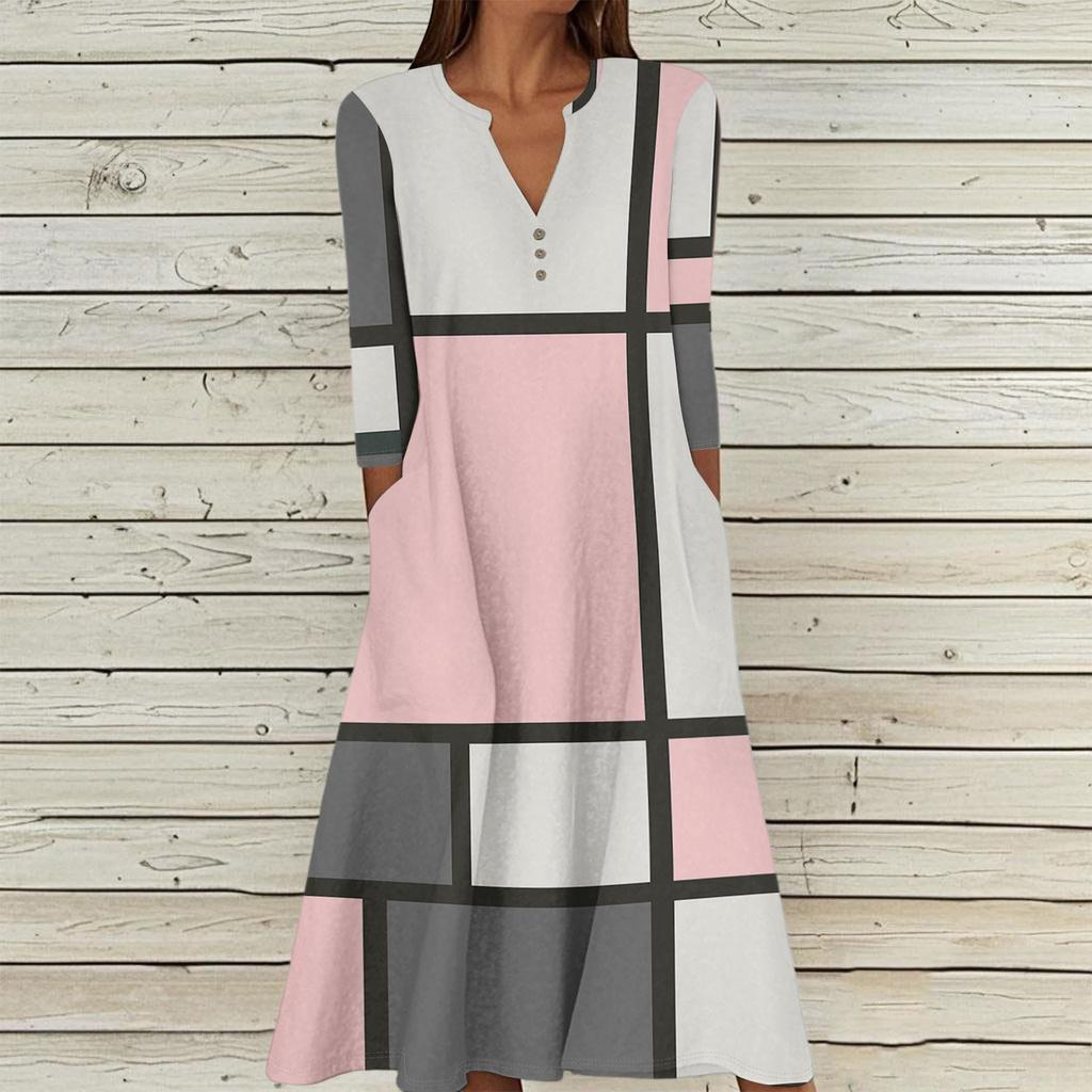 Women's Summer Casual V-Neck Button Retro Geometric Print Three-quarter Sleeve Long Dress With Pockets