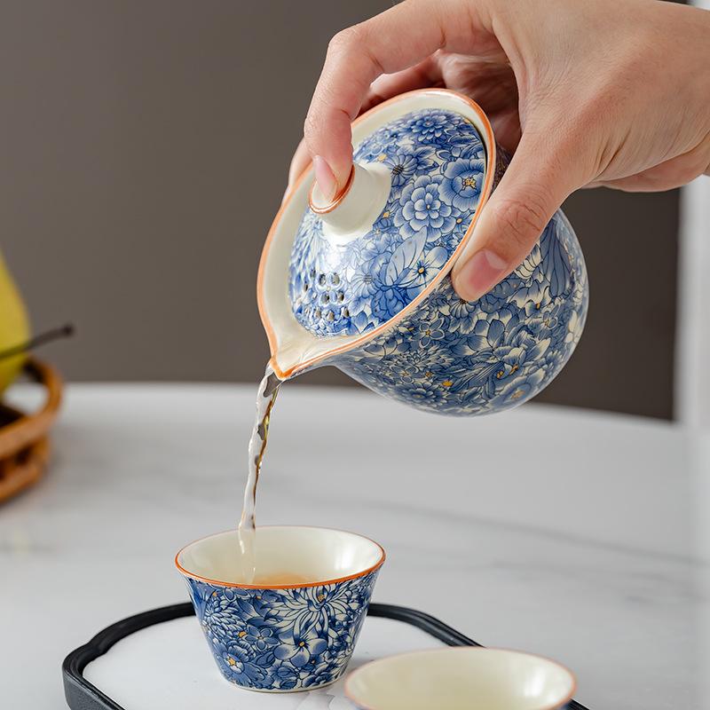Ru Kiln Flower Travel Tea Set Business Gifts Travel Tea Set Kuaike Cup One Pot Three Cups Portable Cover Bowl Small Set