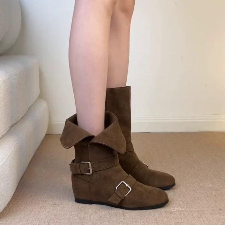 Sheepskin Version~ Korean Round Head Belt Buckle Inner Height Increase Flanging Two Wear Medium Boots Women's Western Cowboy Boots Martin Boots