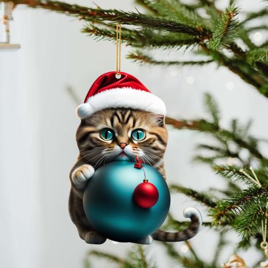 10Pcs Car Rearview Mirror Pendant 2D Acrylic Cat Charm Christmas Tree Ornament Car Interior Accessory