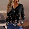 Dámská móda Ležérní květinový potisk Tričko s dlouhým rukávem, výstřihem do V, knoflíčkem, Top s dlouhým rukávem