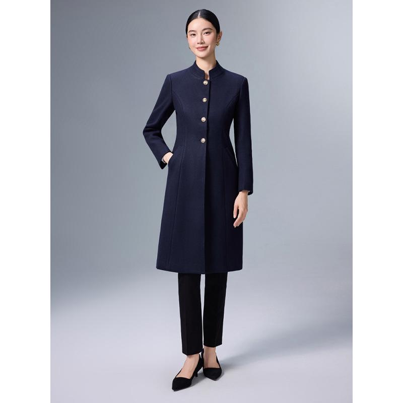 Women's Mid-Length Professional Stand-Collar Wool Coat - Winter Receptionist and Sales Workwear.