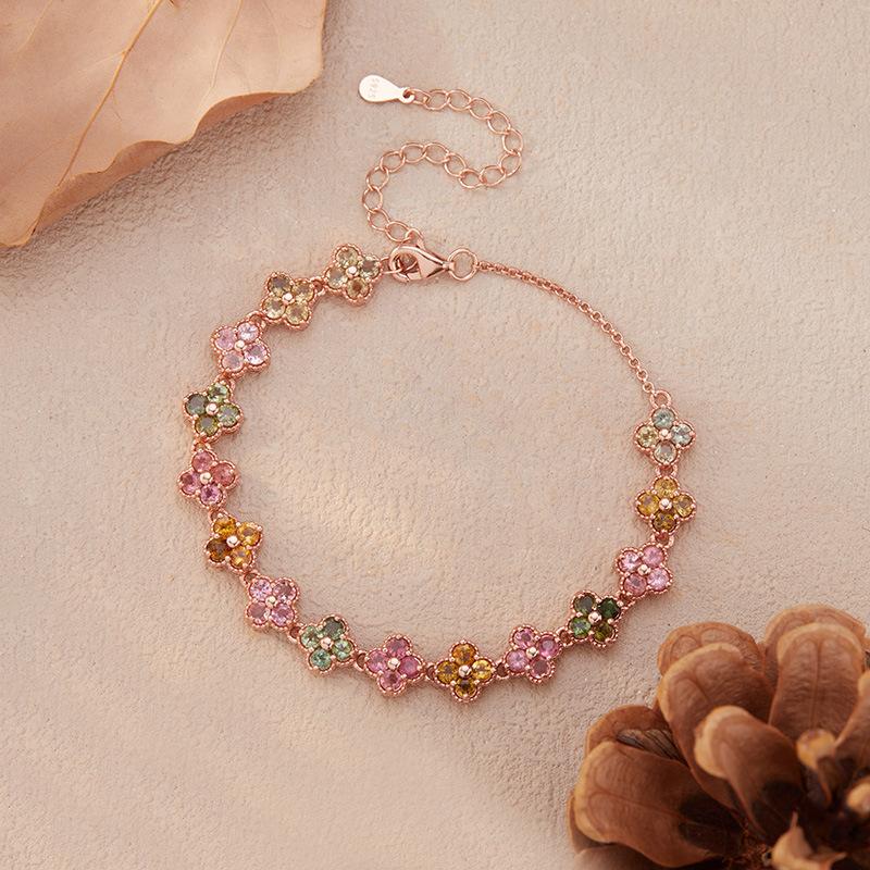 Classic Clover Natural Tourmaline Bracelet Women'S S925 Sterling Silver Plated 24K Gold Retro Gold Treasure Jewelry
