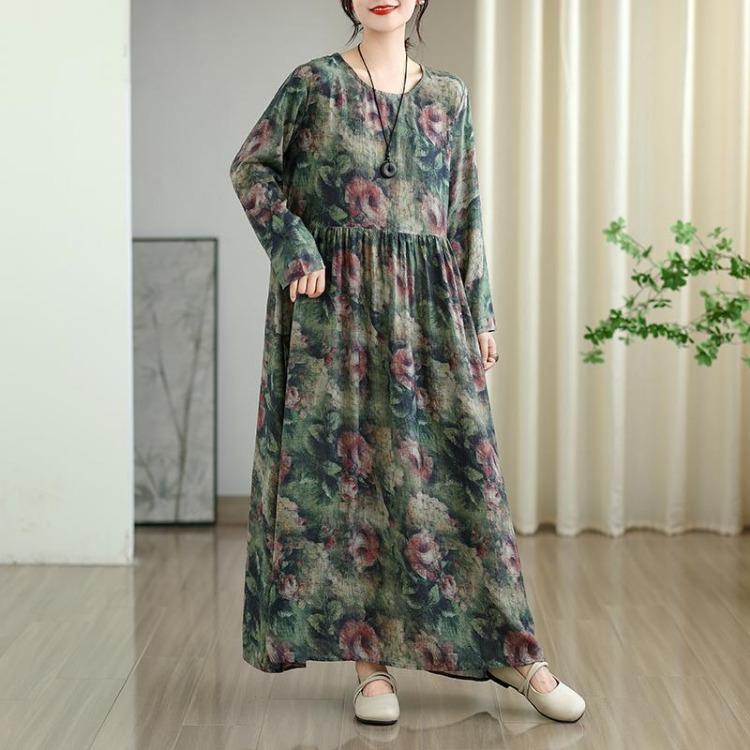 New Vintage Floral Maxi Dress Women Plus Size Oversize Long Sleeve Loose Basic Spring Long Dress