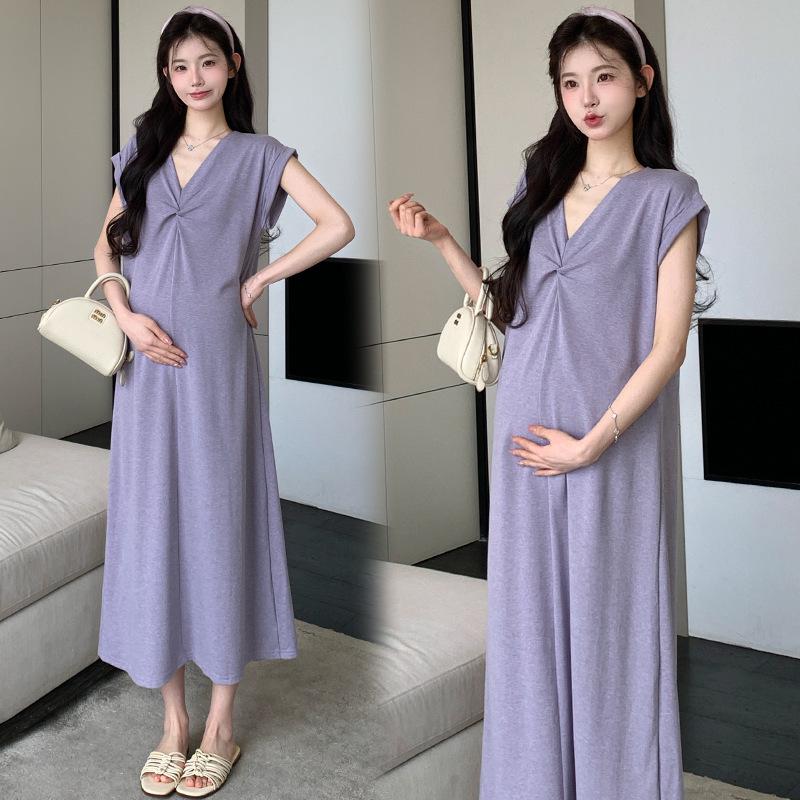 2026 Summer Arrival: Spicy Mom V-neck Purple Knit Maternity Dress, Korean Style, Mid-length Extra Large