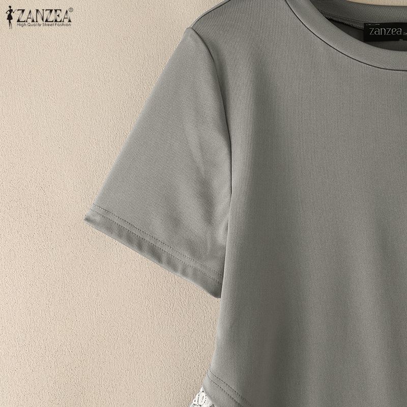 ZANZEA Women Casual Lace Splice Irregular Hem Summer Short Sleeve Blouse Tops