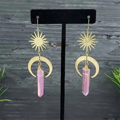 Bohemian Style Dangle Earrings Moon Star Earrings With Pink Stone Celestial Jewelry Casual Dating Decor For Female Gifts
