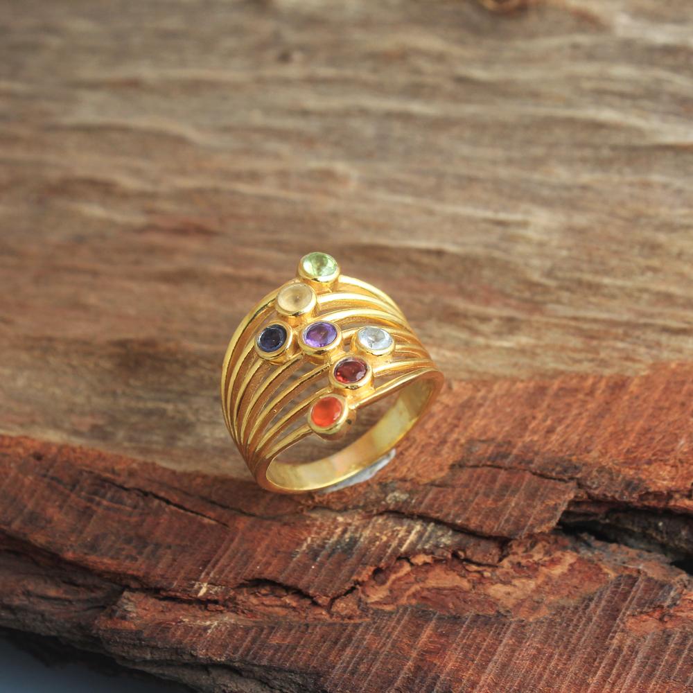 Yellow Gold Plated Chakra Meditation Ring 925 Sterling Silver Handmade Jewelry Statement Ring