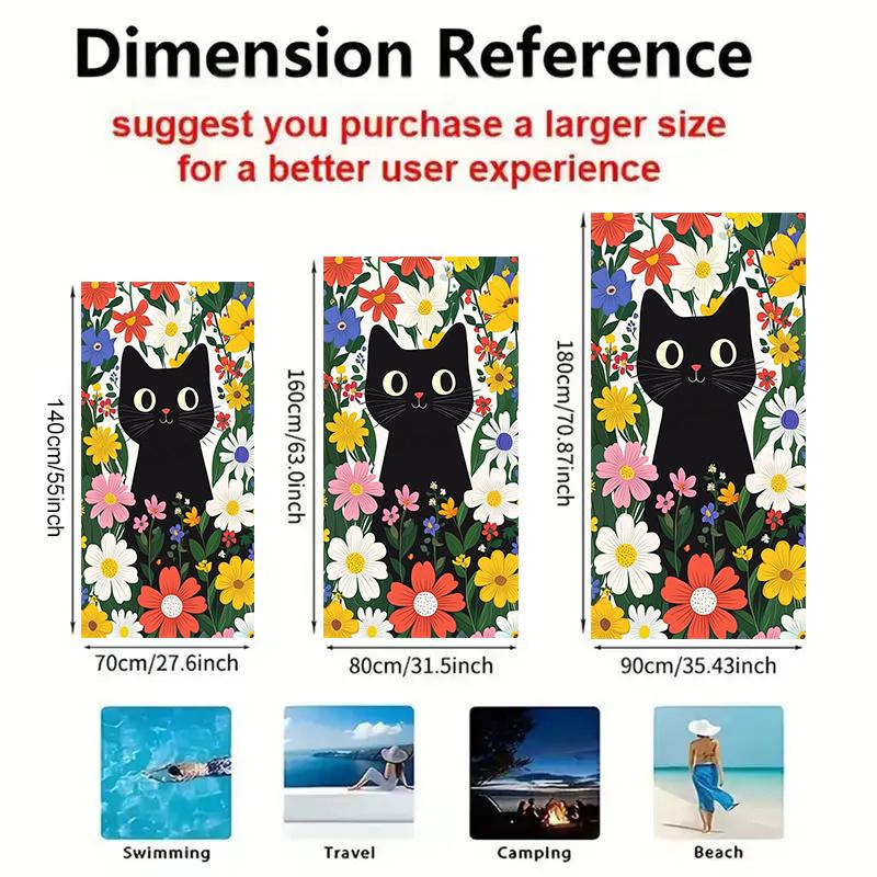 Floral Cat Beach Towel Black Cat Surrounded by Colorful Flowers Bath Towels Soft Microfiber Fabric Unisex Oversized Towel for