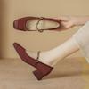 Spring French Retro Burgundy Wedding Shoes Shallow Mouth Mary Jane Square Head Thick Heel One Word Buckle Belt Single Shoes Women