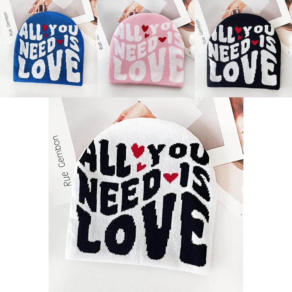 Simple Color Blocked Letter Heart Pattern Women Casual Warm Knitted Hat For Autumn Casual Wear