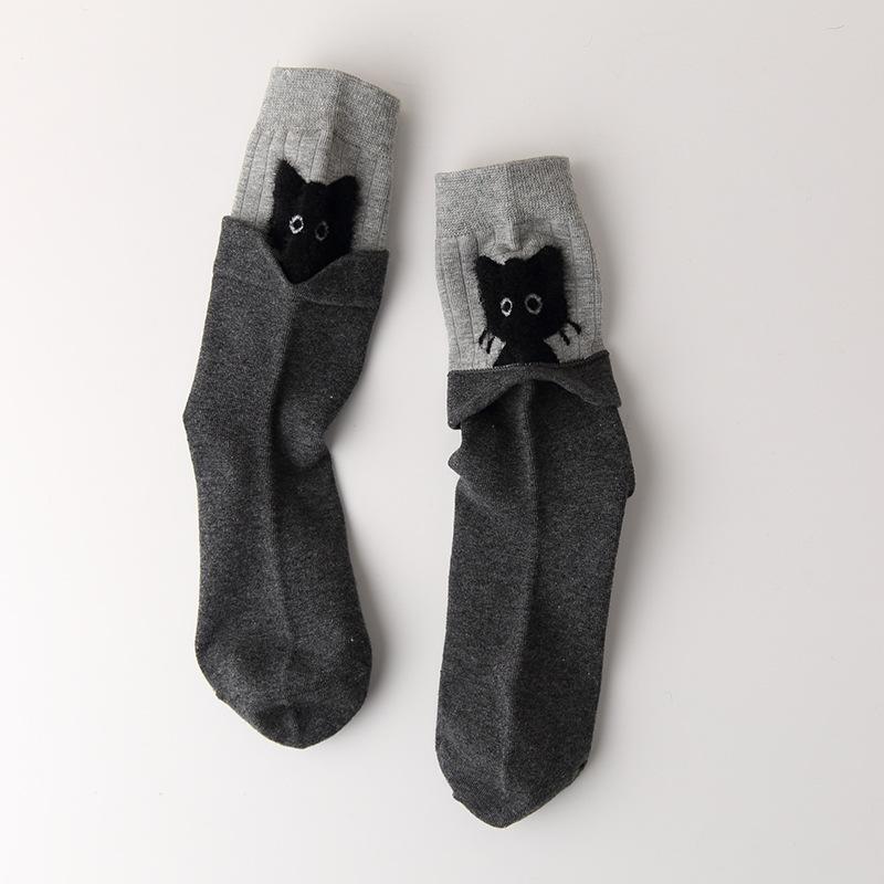 Autumn Winter Peekaboo Cat Cartoon Mid-Calf Socks Kawaii Cute Warm Socks Cotton Home Sleep Sock Soft Comfortable Daily Wear Gift
