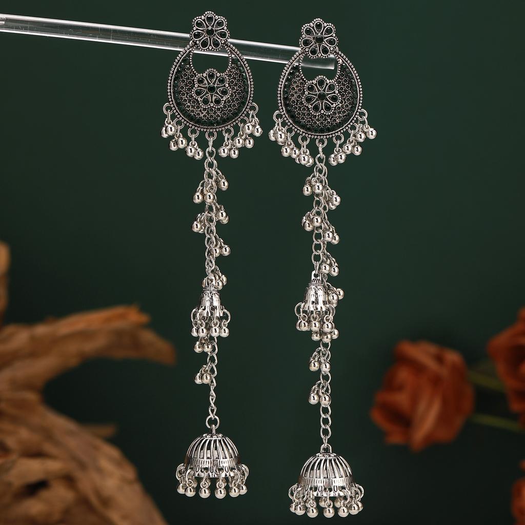 Retro Diamond-Encrusted Bell Long Fringed Flower Earrings, Bohemian Ethnic Style Fashion Design Earrings Women