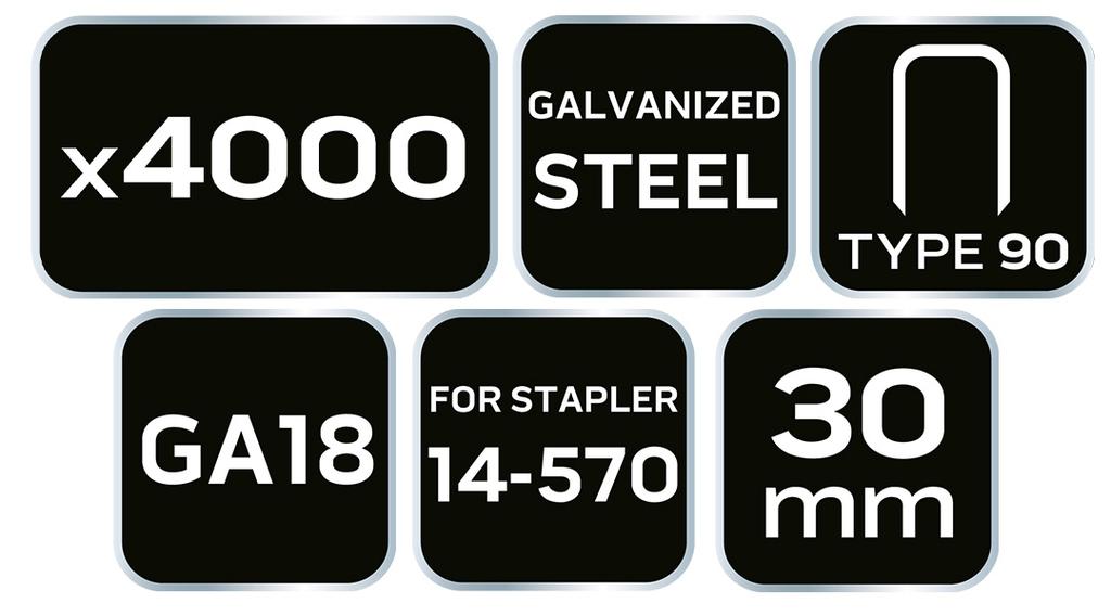 Galvanized Staples for Pneumatic Stapler (14-570), GA18, Type 90 (4K), Length 30 Mm, 4000 S