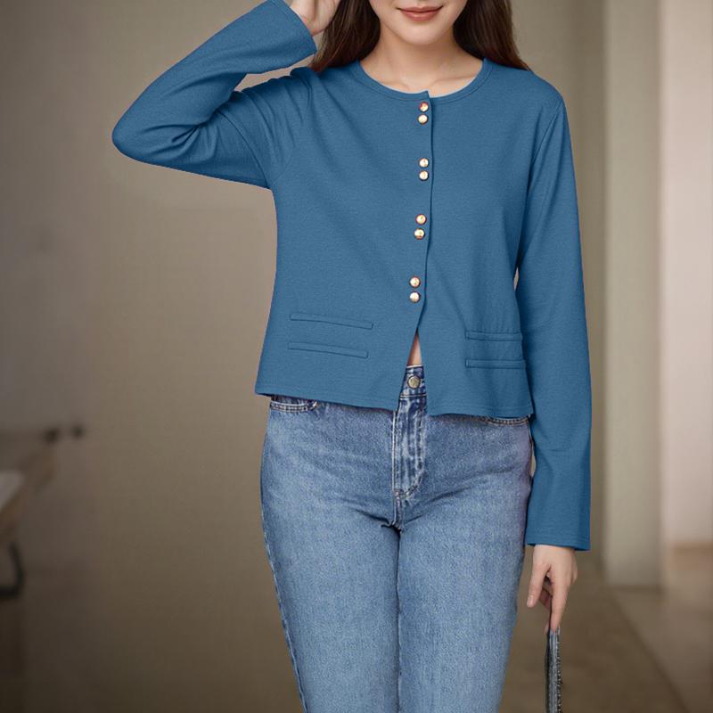 ZANZEA Kvinner uformell rund hals ensfarget langermet bluse