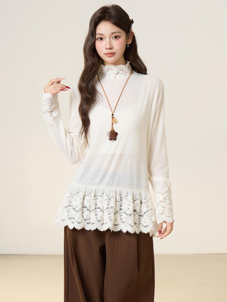 Xiaoxiangfeng Lace Fungus Edge Semi-turtleneck Knitted Sweater Women's Autumn and Winter Long-sleeved T-shirt with Bottoming Shirt Top