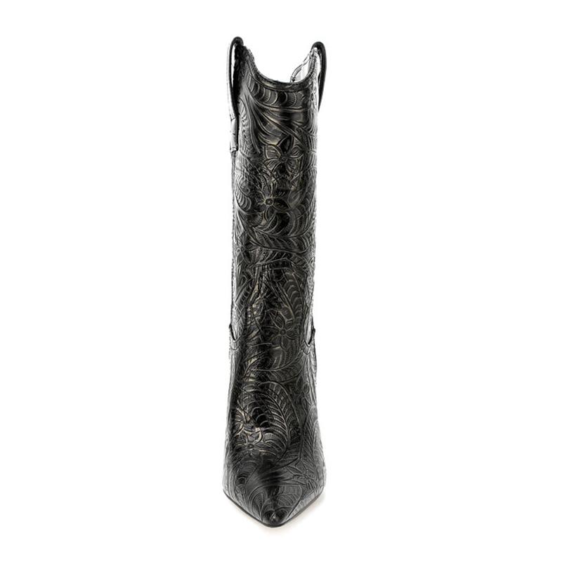 Fashion Women's new pointed pattern material with sexy temperament, slim heels, pointed toes and calves, nightclub fashion short boots