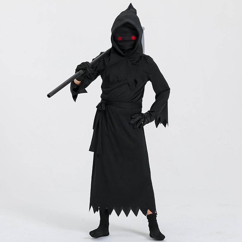 Children's Halloween Cosplay Costume Reaper Costume Set (Jumpsuit Hat Belt Scythe Gloves)