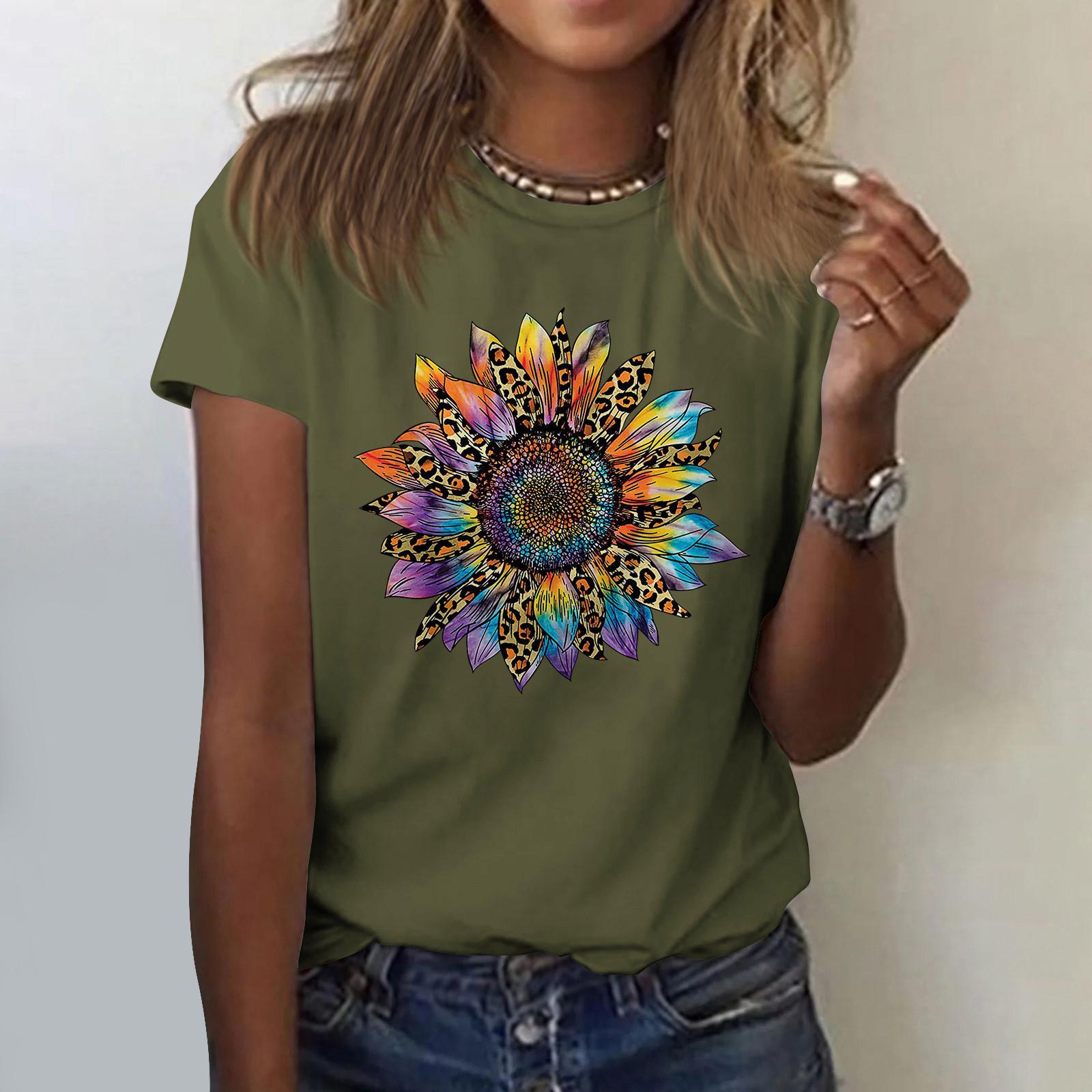

Sunflower Ladies Cute Print Short Sleeve Round Neck Front Shoulder Vintage Short Sleeve Summer Loose Shirt Top L армія зелений колір