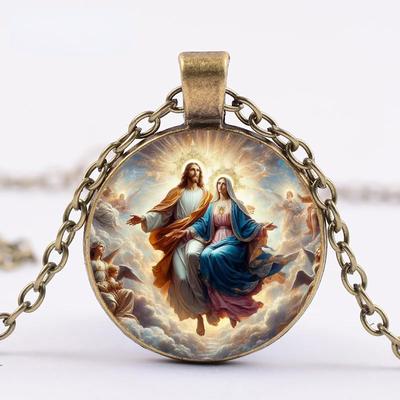 The Pendant Of Jesus And The Virgin Mary Symbolizes Love And Redemption. The Glass Pendant Is Suitable For Both Men And Women