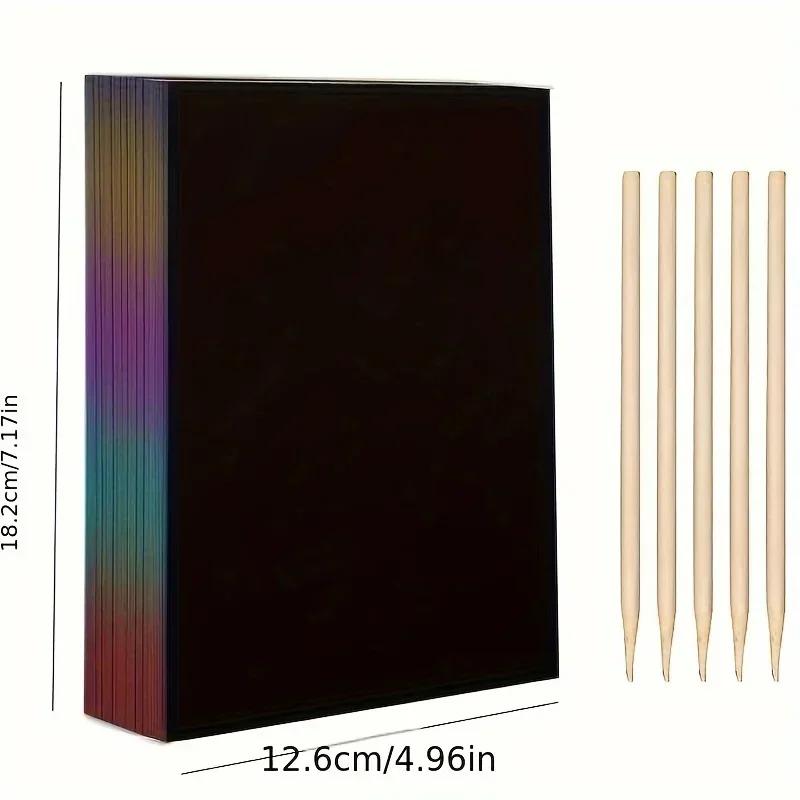 50pcs Magic Scratch Paper 5pcs Bamboo Pens Scratch Rainbow Art Paper Scratch Painting Kit with 5 Wooden Sticks Birthday Gift