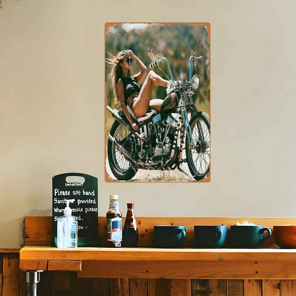 Sporty Girl in Gear Leaning on Her Bike Vintage Metal Wall Sign Decor