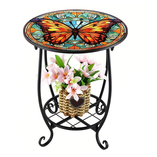 Huaqianguhh Outdoor Side Table, Round Small Mosaic Bird Butterfly Patio Accent, Indoor End Plant Coffee Tea Table for Yard Porch Garden Living