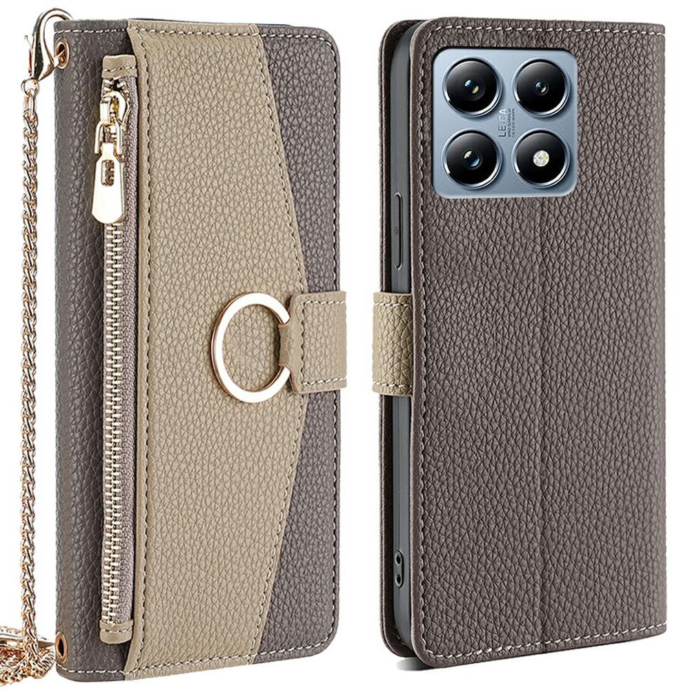 

For Xiaomi 14T Pro Case Mirror Wallet Leather Phone Cover with Chain Shoulder Strap Grey
