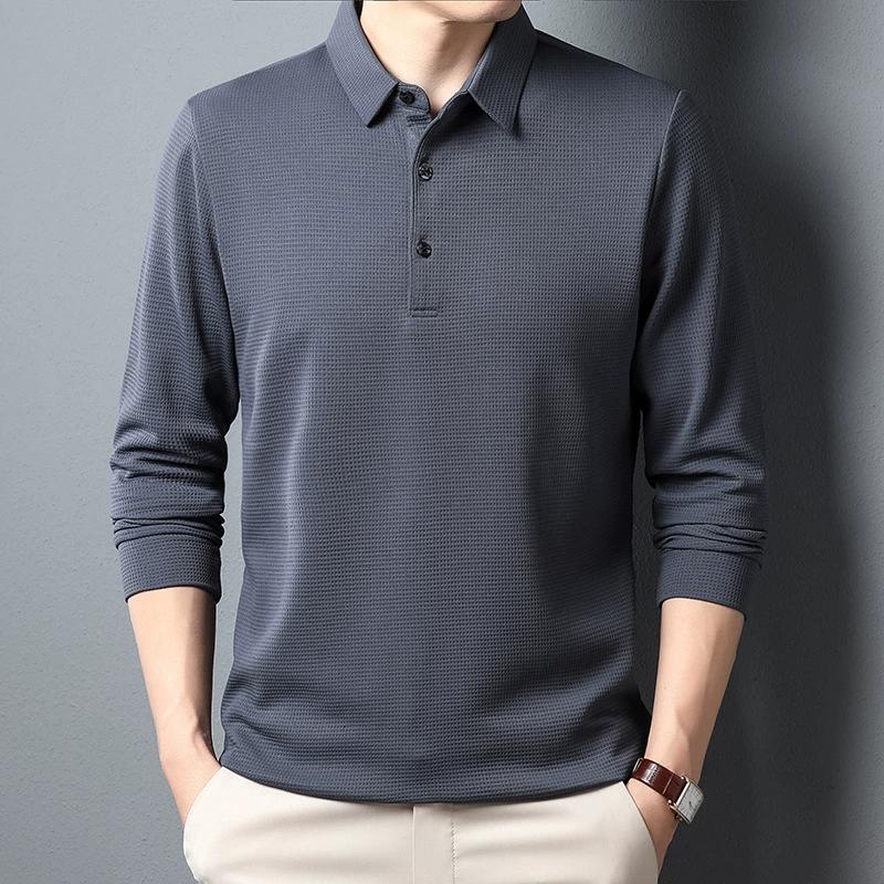 Men's Solid Color Long Sleeved Waffle Polo Shirt Long Sleeved T-shirt Polo Shirt Men
