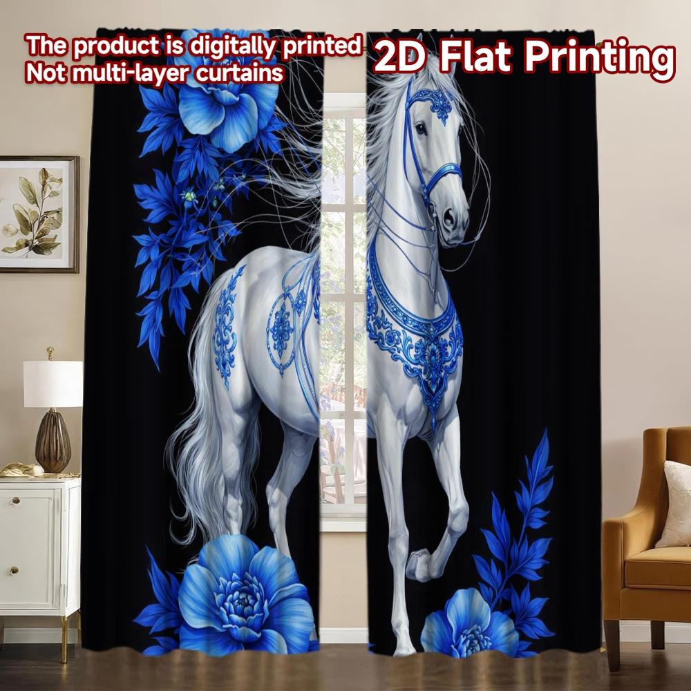 2D FLAT PRINTING 2pcs Curtains (Without Rod) Blue Floral Horse Design Chic Curtain Fabric Prints Light Filtering Curtains