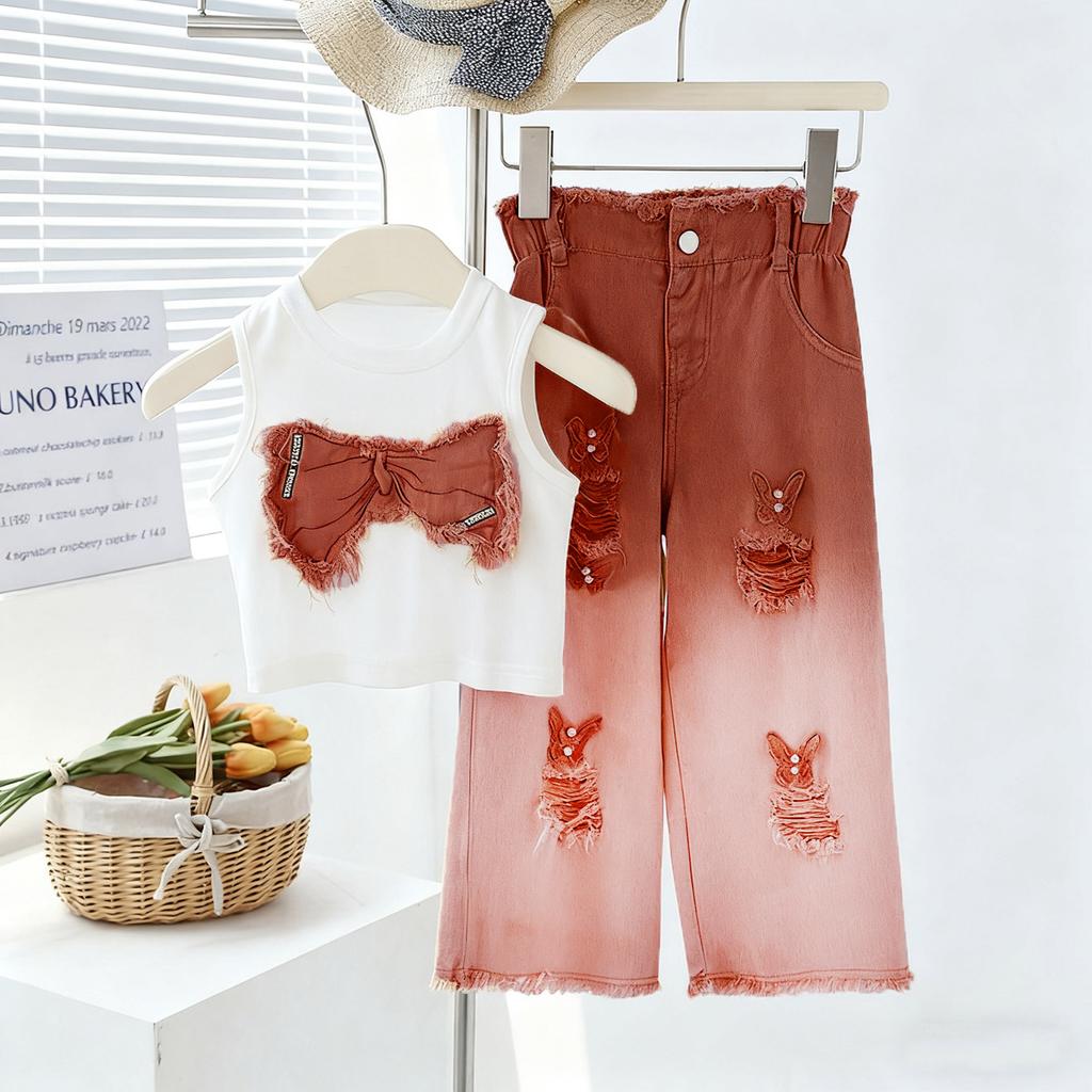 Sommer Set für Mädchen: Rundhals-Ärmelloses Kurzarm-T-Shirt + Ausgefranste Jeans Zweiteiliges Set Outfit für ältere Mädchen