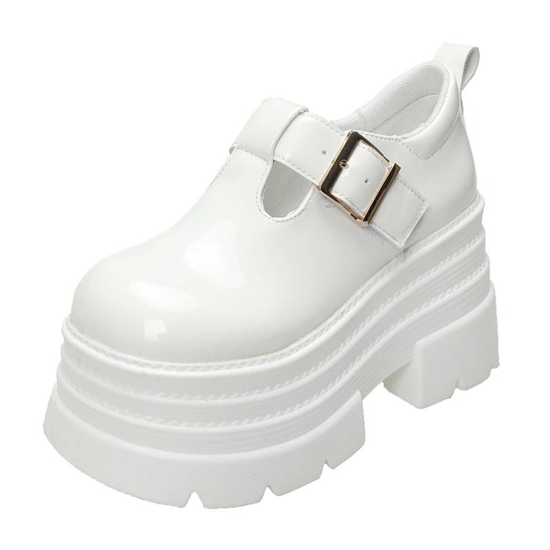 Fashion 2025 Women's High Platform Leather Shoes New Spring 8CM Heels Chunky Sneakers Female Lace-up Buckle Loafers Walking Shoes Woman