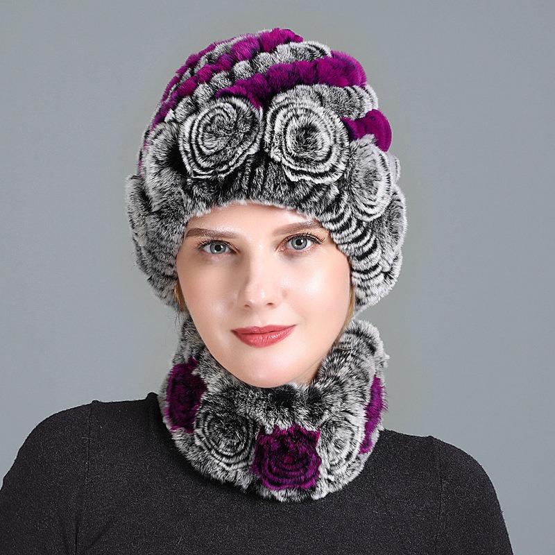 New High-quality Rex Rabbit Fur Accessories Autumn and Winter Women's Versatile Warm Hat Scarf Two-piece Set