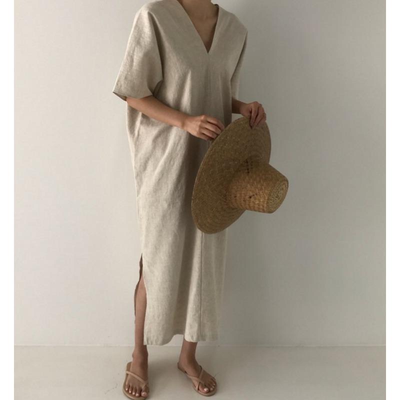 Minimalistické Retro Dlouhé Volné Ležérní Šaty s Dlouhým Krátkým Rukávem