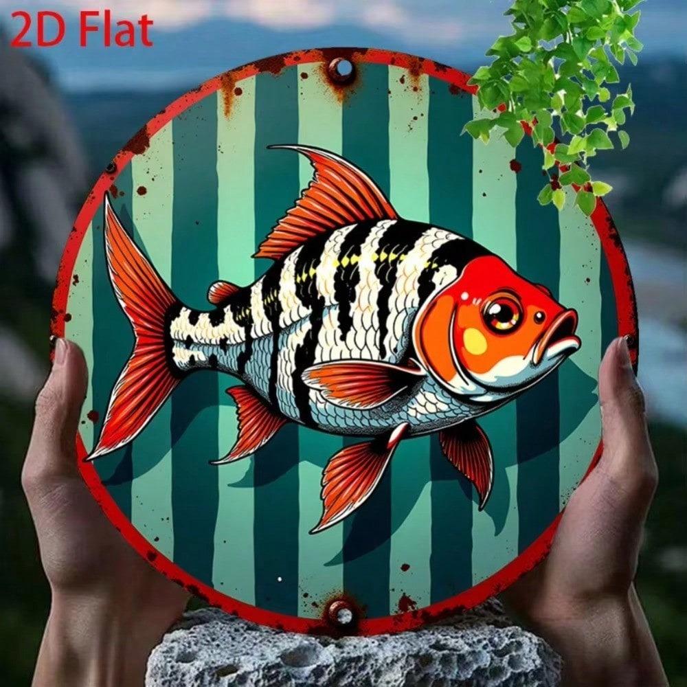 Vintage Blue Green Striped Flat Fish Metal Tin Sign Country Kitchen Retro Decor