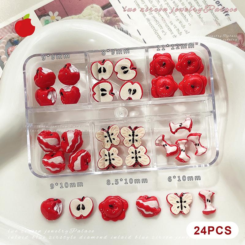 24Pcs/Box Creative Red Apple Resin Nail Charms Fruit Flatback Nail Art Slices Sweet Accessories For Diy Nail Art Decorations