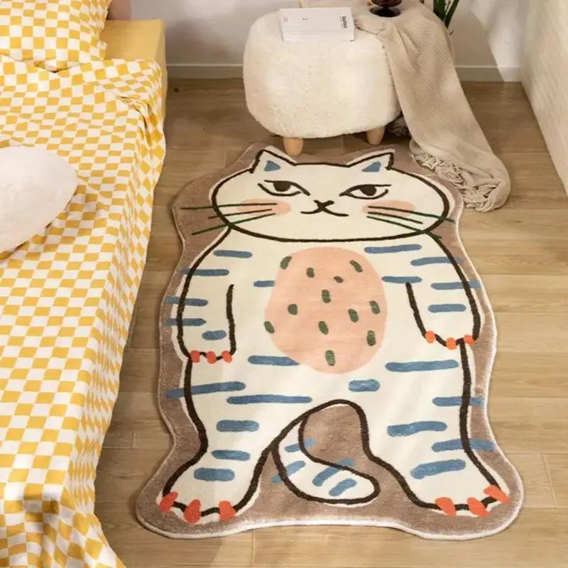 Cute Cartoon Cat Shaped Rug Soft Fluffy Non-slip Washable Bedroom Bedside Floor Mat Funny Animal Home Decor Carpet