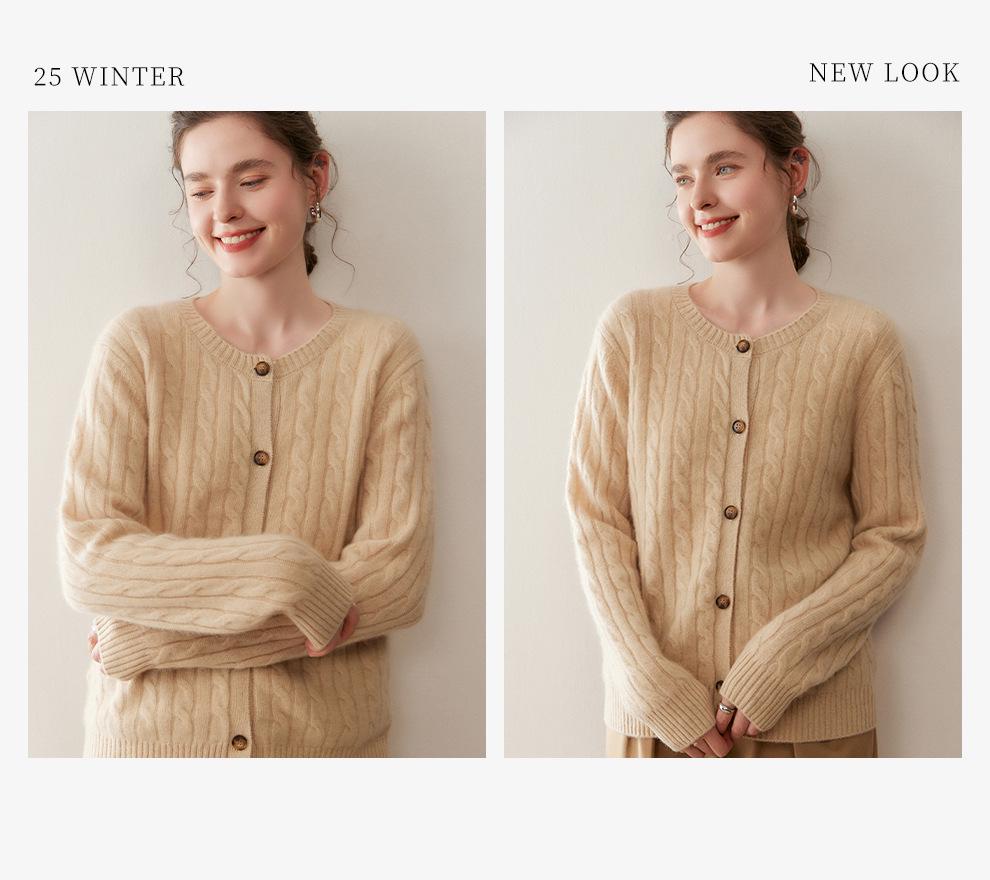 Women's Autumn-Winter Cable Knit Cashmere Cardigan, Long Sleeve, Round Neck, Versatile Base Layer Sweater