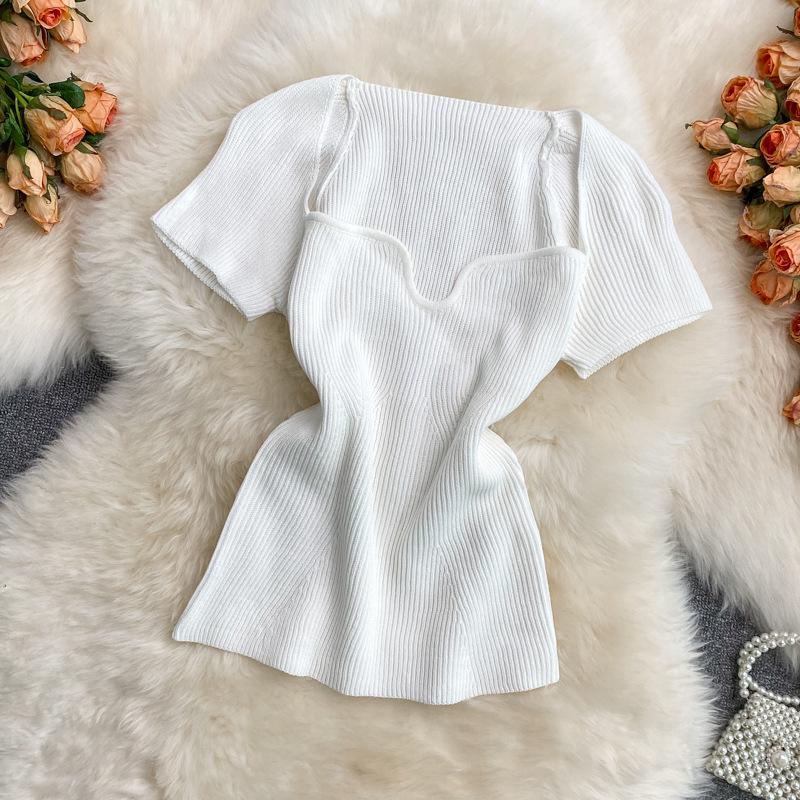 Women Summer Color Solid T Shirt Short Sleeve Square Collar Straight Tee Shirt Wear Top