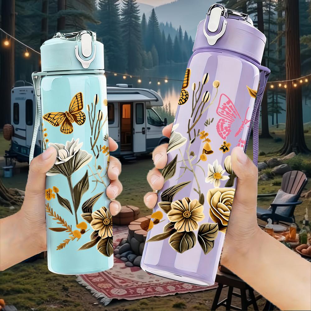 1PC Dried Flower Butterfly Wreath 750ml Color Plastic Sports Water Bottle Leakproof Flip Straw Lid Suitable for Sports Office Home Use