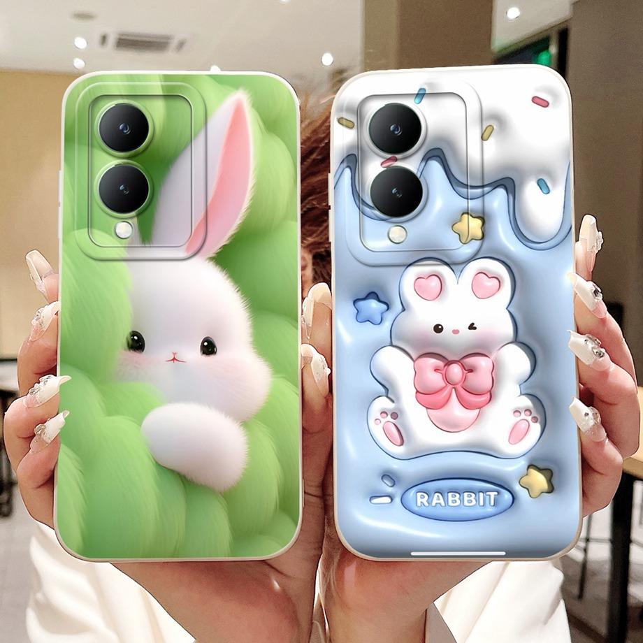 For Vivo Y28 5G Y29 5G V2420 Phone Case Vivo Y17s Y19s V2419 Back Cover Soft Liquid Silicone Pnada Rabbit Flower Cute Fundas
