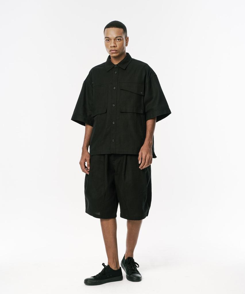 Codemorph Linen Texture Cotton Utility Short Sleeve Shirt Jacket Black