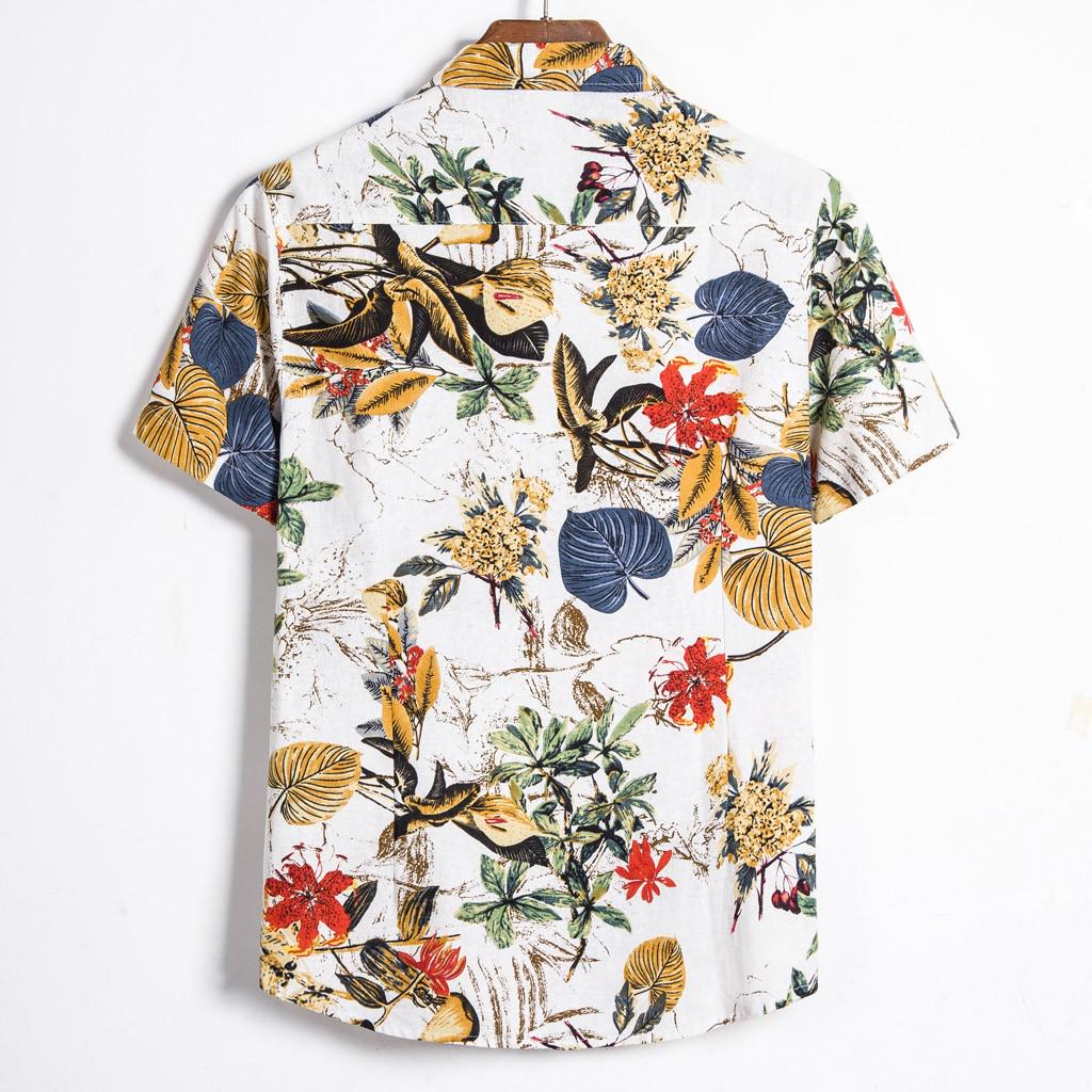 Men Ethnic Short Sleeve Casual Cotton Linen Printing Hawaiian Shirt Blouse